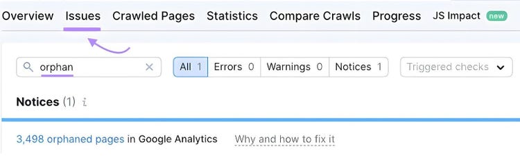 Search for “orphan” in "Issues" tab