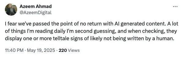 X post from Azeem Ahmad about detecting AI-generated content and telltale signs of non-human writing