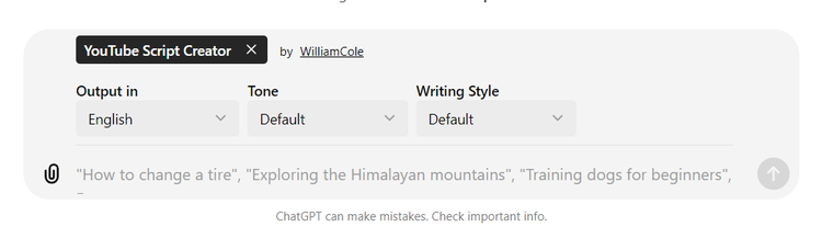 ChatGPT YouTube Script Creator template with output language and tone options