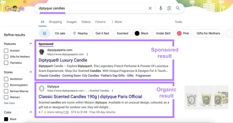 Google SERP with a brand ranking as the top sponsored and top organic result for a term.