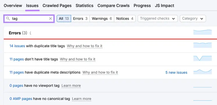 Issues tab is highlighted, showing list of site errors.