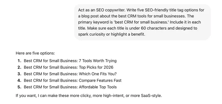 Generating five SEO-friendly title tag ideas for a blog post on ChatGPT.