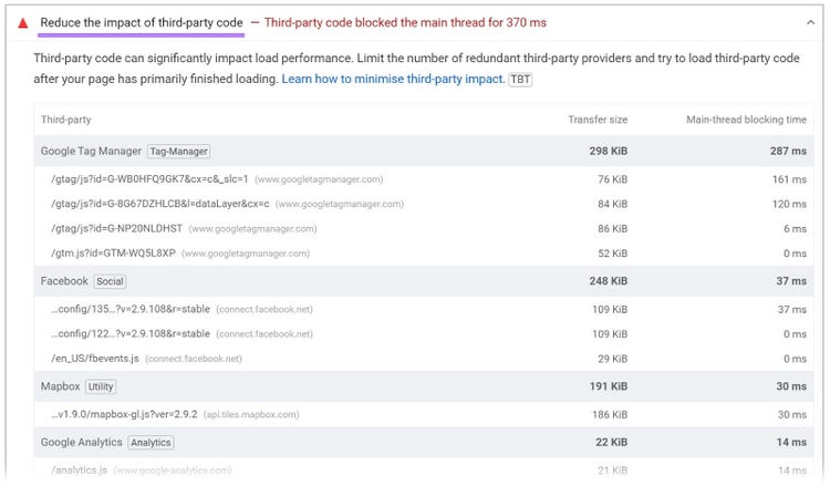 "Reduce the impact of third-party code" page on PSI Diagnostics.