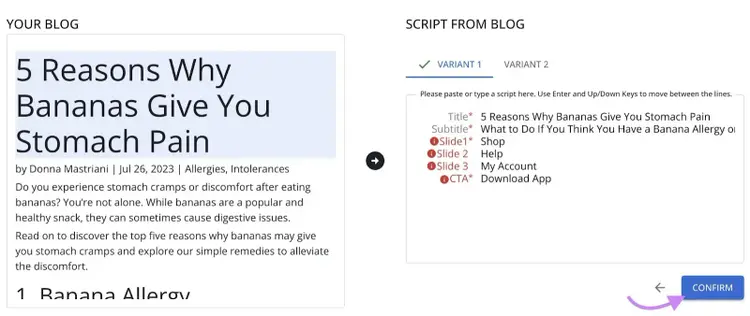 "5 Reasons Why Bananas Give You Stomach Pain" script page in AI Social Content Generator