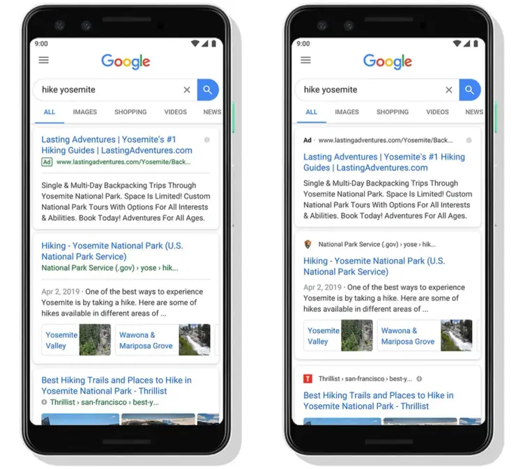 A visual showing Google SERP without website names and favicons (left) and with website names and favicons (right)
