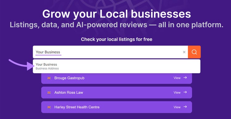 Semrush Listing Management tool with a business name entered in the search bar and selected from the dropdown.