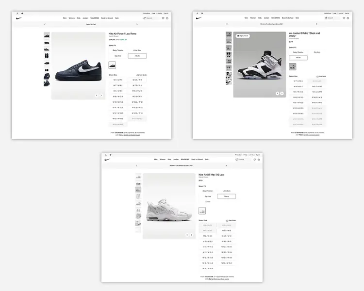 Nike product page templates for Air Force 1, Air Jordan 6, and Air Max '96 Low shoes