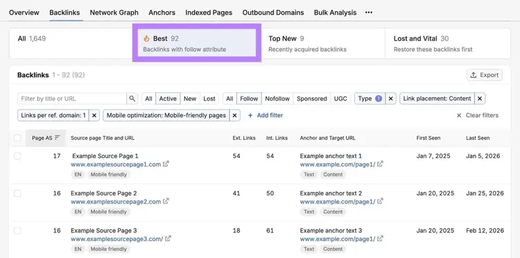 The "Best" backlink opportunities on the Backlink tool showing a list of broken, do-follow competitor backlinks.