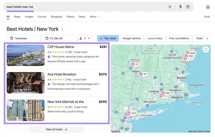 Google SERP for the query "best hotels near me" with the local results next to the map pack highlighted.