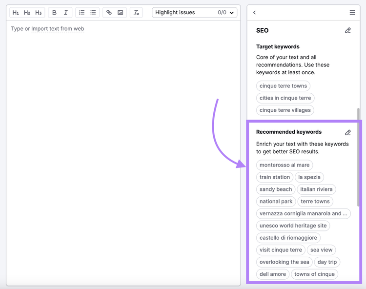 Recommended keywords show semantic keyword ideas like italian riviera, castello di riomaggiore, and more