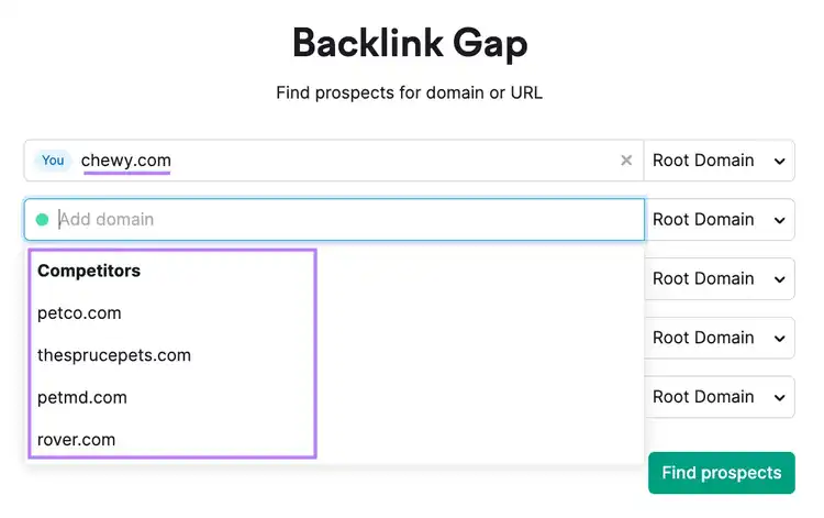 Semrush’s Backlink Gap tool