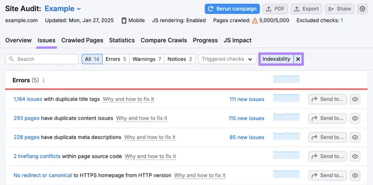 Indexability issues list includes things like duplicate title tags, duplicate content, hreflang conflicts, and more.