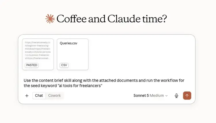 Claude prompt using the content brief skill with attached files and the seed keyword “AI tools for freelancers”