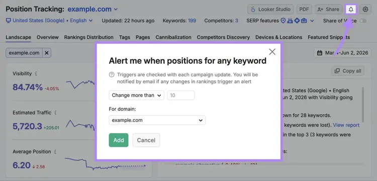 Setting a notification trigger on the Position Tracking tool with the bell icon and the settings window highlighted.
