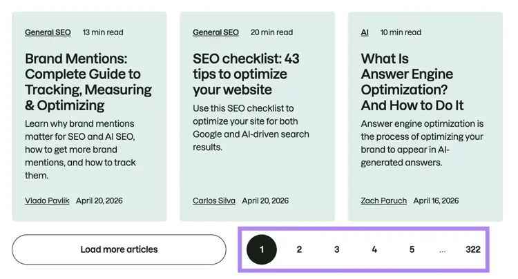 The Semrush blog page showing pagination links at the bottom (e.g., 1, 2, 3) used to navigate through multiple pages of blog posts.