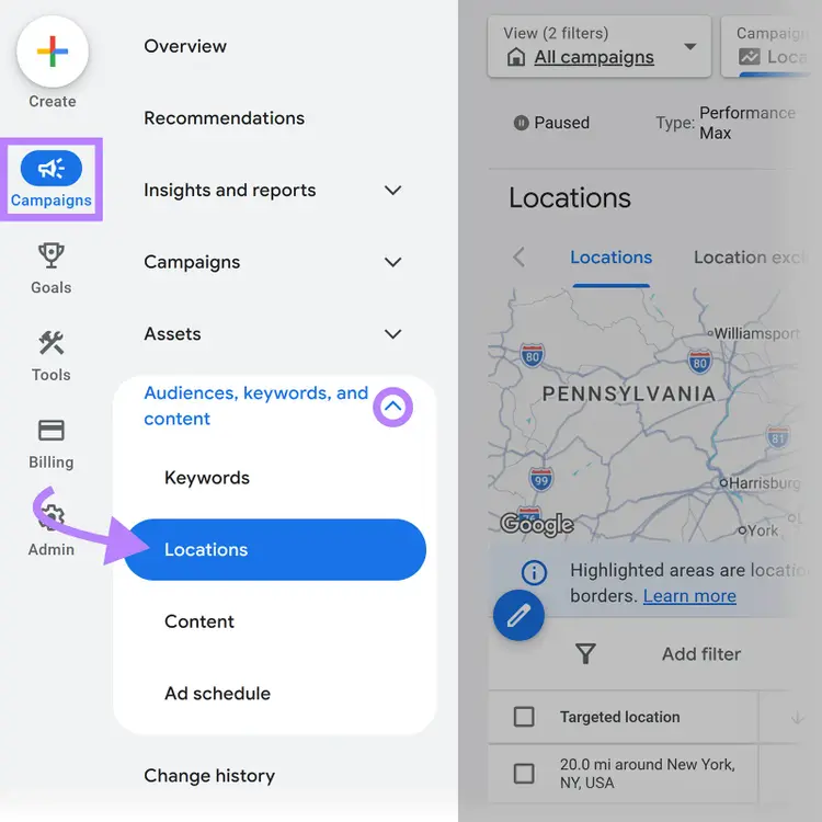 Google Ads campaign menu showing Locations settings under Audiences, keywords, and content for geographic targeting