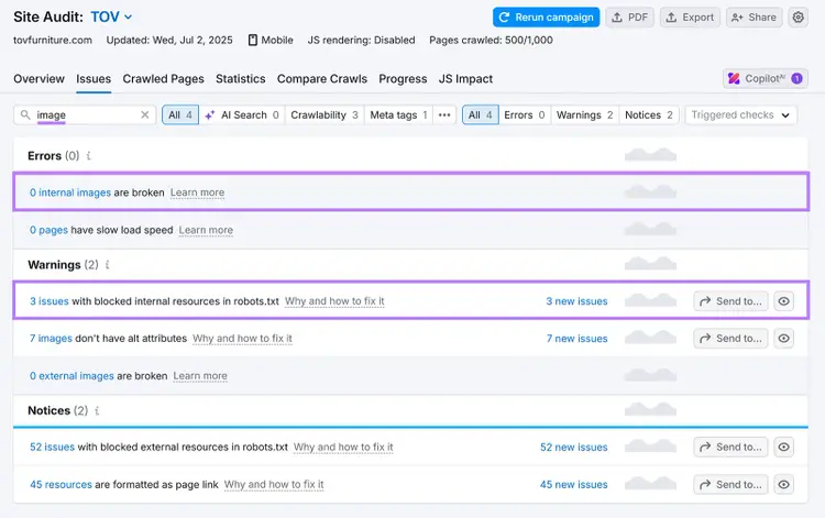 TOV Site Audit highlighting blocked resources and missing image alt attributes