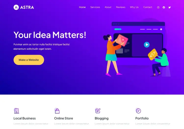 Astra WordPress theme homepage showing Your Idea Matters concept with colorful illustration