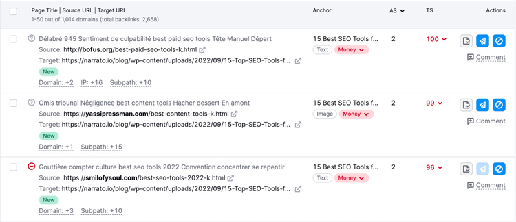A list of “Money” backlinks in Backlink Audit tool
