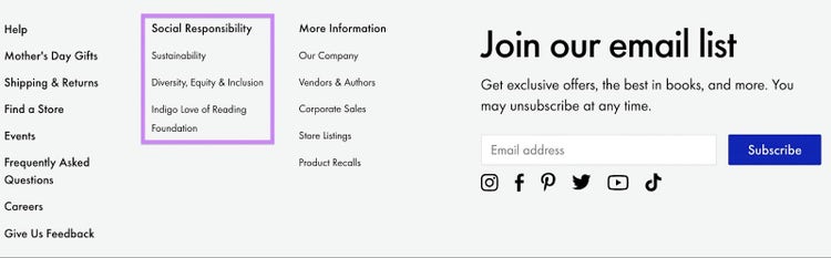 Social responsibility section in Indigo site’s footer
