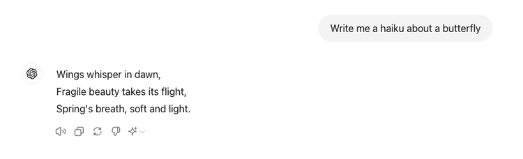 A screenshot of an AI generated haiku about a butterfly.