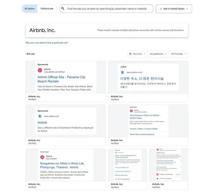 Ads Transparency Center showing a list of all the Google ads being run by Airbnb.