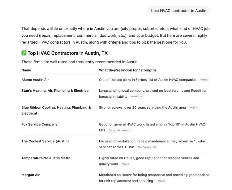 "best HVAC contractor in Austin" entered on ChatGPT which generates a list of businesses along with what they're best known for.