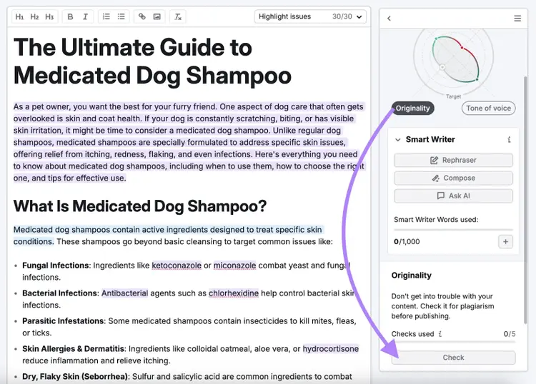 SEO Writing assistant grades Originality by doing a duplicate content check.