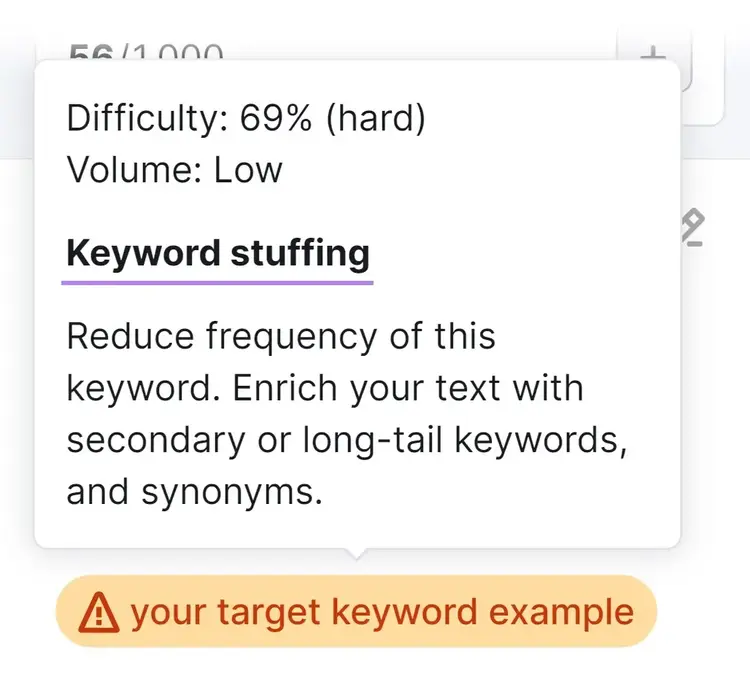 An example of "Keyword stuffing" identified by SEO Writing Assistant