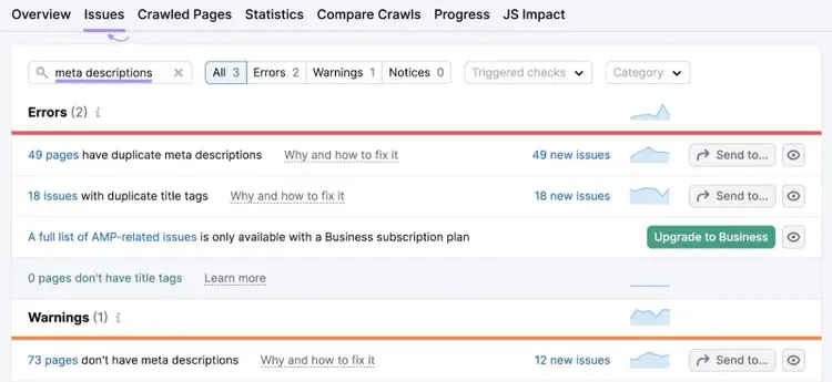 Results for "meta descriptions" under "Issues" tab in Site Audit