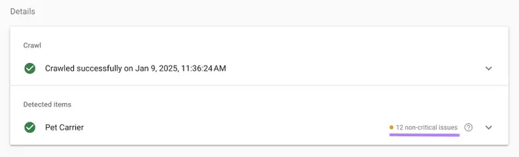 Google Rich Snippets validation showing successful crawl on Jan 9, 2025 and Pet Carrier detected with 12 non-critical issues