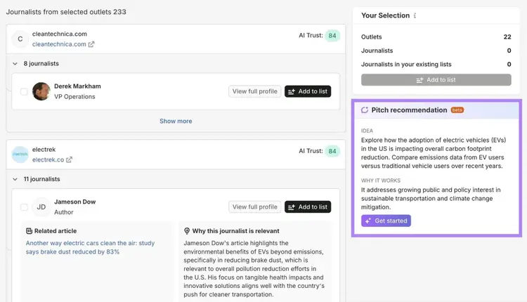 The AI-Cited Media tool with the AI-generated pitch recommendation on the right highlighted.