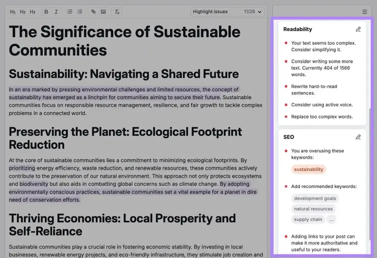 Semrush SEO Writing Assistant editor showing readability and SEO suggestions in a sidebar next to drafted content.