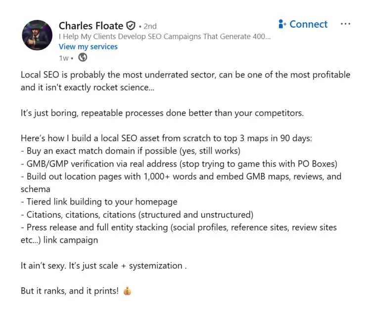 SEO consultant Charles Floate gives local SEO tips on a LinkedIn post.