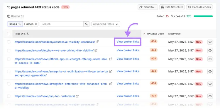 "View broken links" highlighted