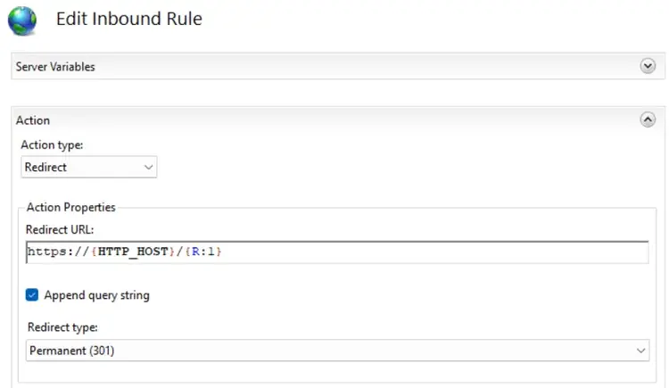 Redirect type is set to permanent 301.