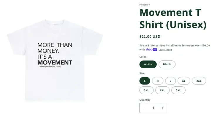 tshirt with a blog's slogan, product page