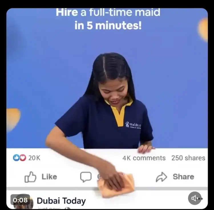 Maids.cc Facebook video ad showing woman cleaning transitioning to company info