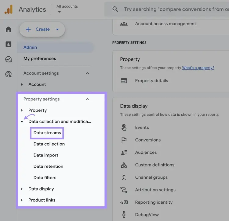 “Property settings" pop-up in GA4 admin