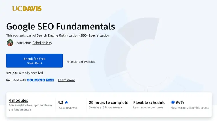 Google SEO Fundamentals course card from UC Davis with enrollment info