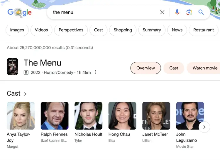 Google search results for “the menu”