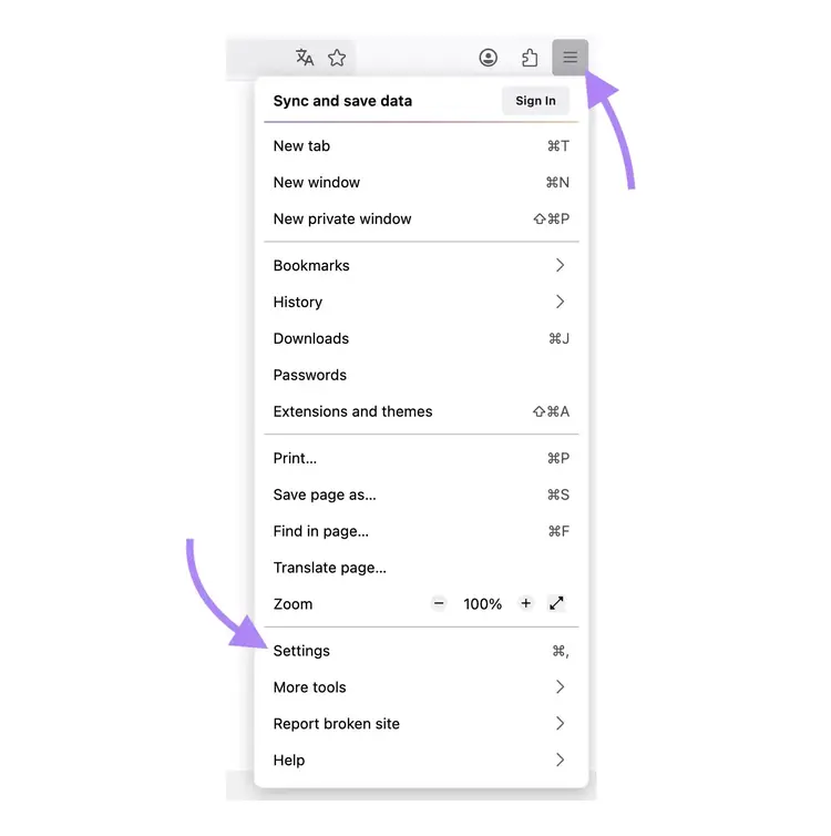 The three lines icon clicked in the top right corner of the Microsoft Edge browser and "Settings" selected from the list.