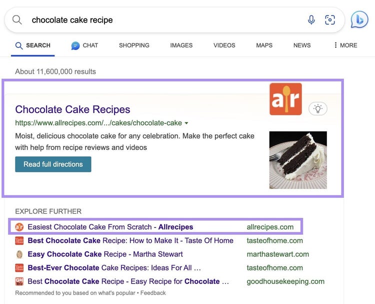 Bing’s first results for “chocolate cake recipe” is from "All Recipes"