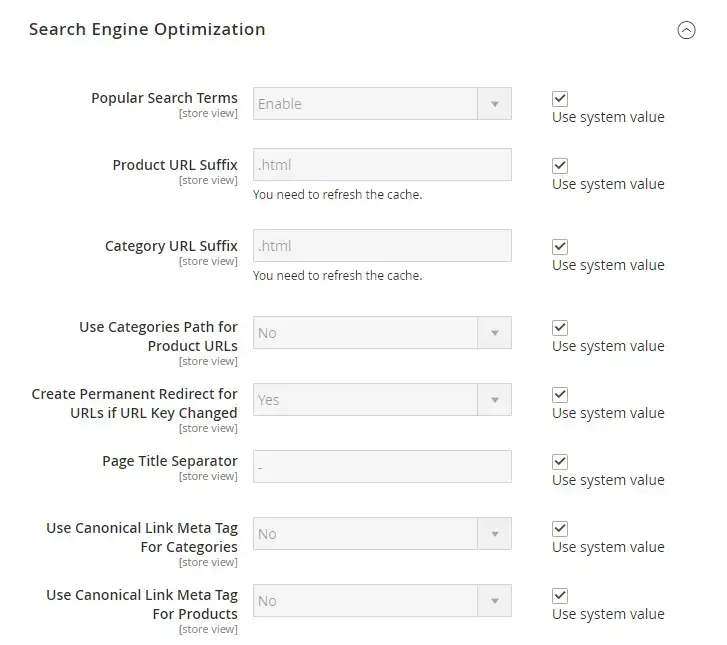 “Search Engine Optimization” section in Magento 2