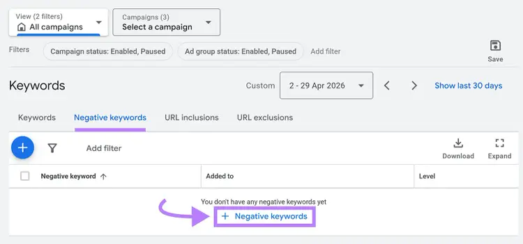 Google Ads account-level negative keywords popup with text box for adding excluded keywords and Save button