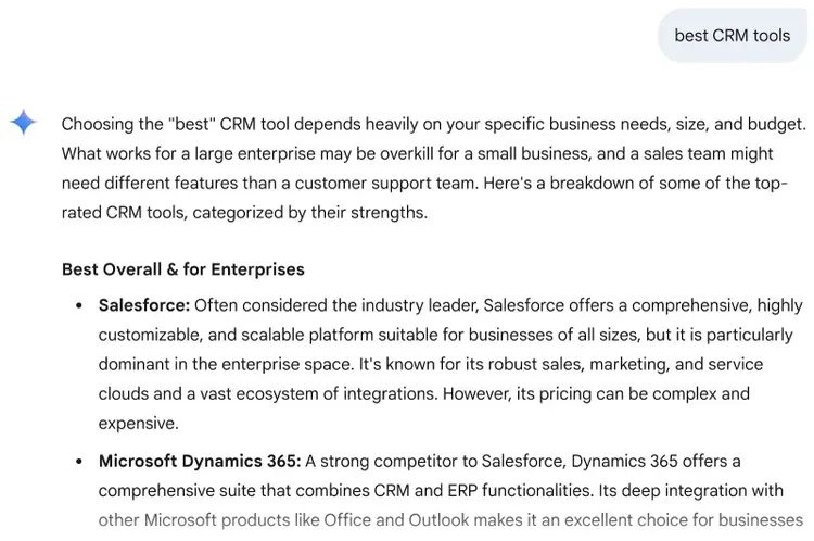 Gemini interface generating a citation-free answer with no structured comparisons for the prompt "best CRM tools."