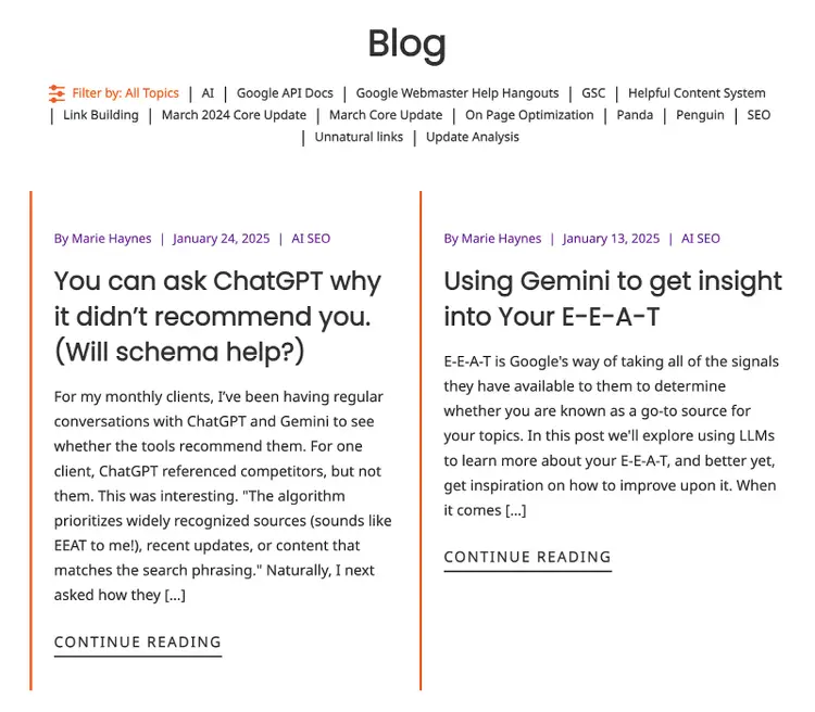 Marie Haynes's SEO blog features articles about schema and ChatGPT and using Gemini to review your E-E-A-T.