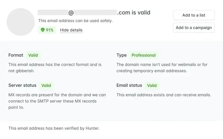 A verified email on Hunter showing that it is a professional email and that the format, server status, etc. are valid.