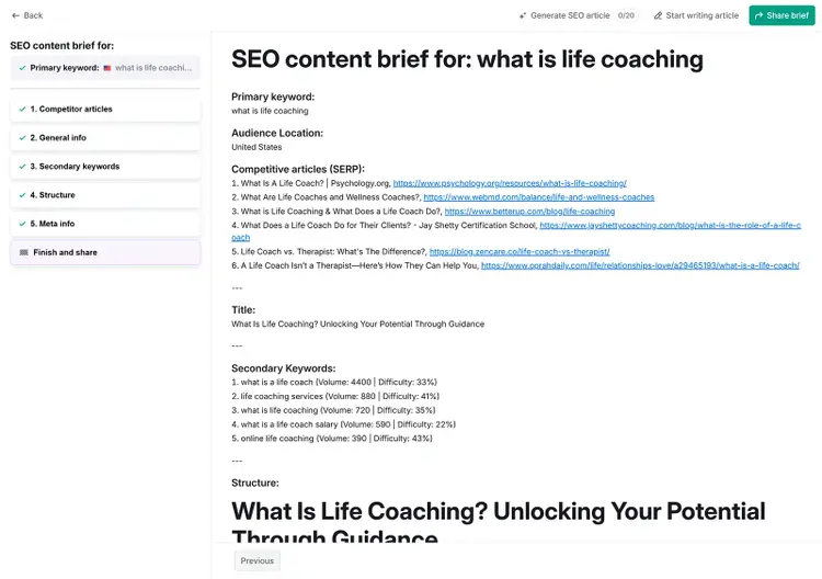 SEO content brief for “what is life coaching” with competitor links, keywords, and suggested article structure