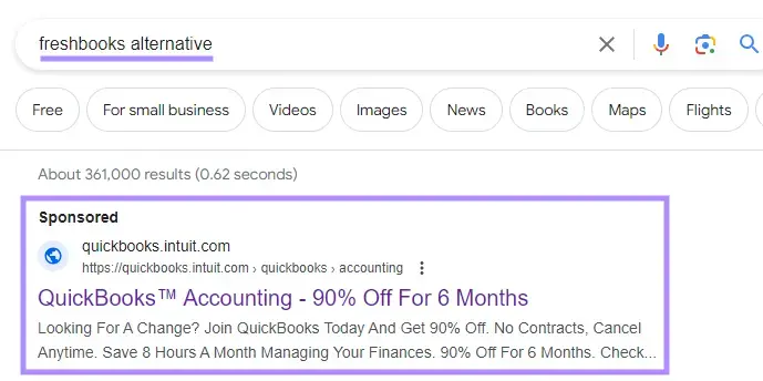 QuickBooks's ad on Google SERP